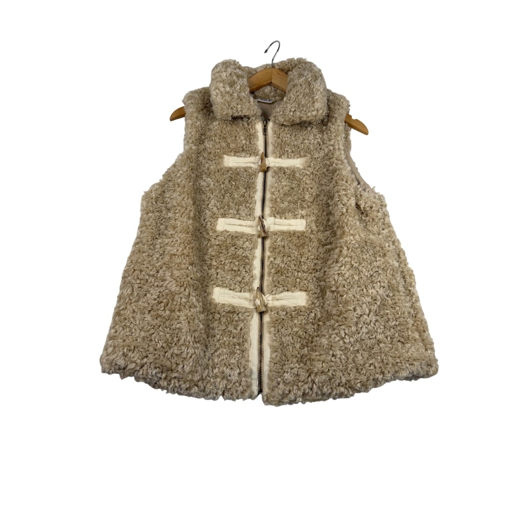BKE Cream Faux Fur Toggle Zip Vest MBOW22163 Curly Shearling Teddy Small NEW